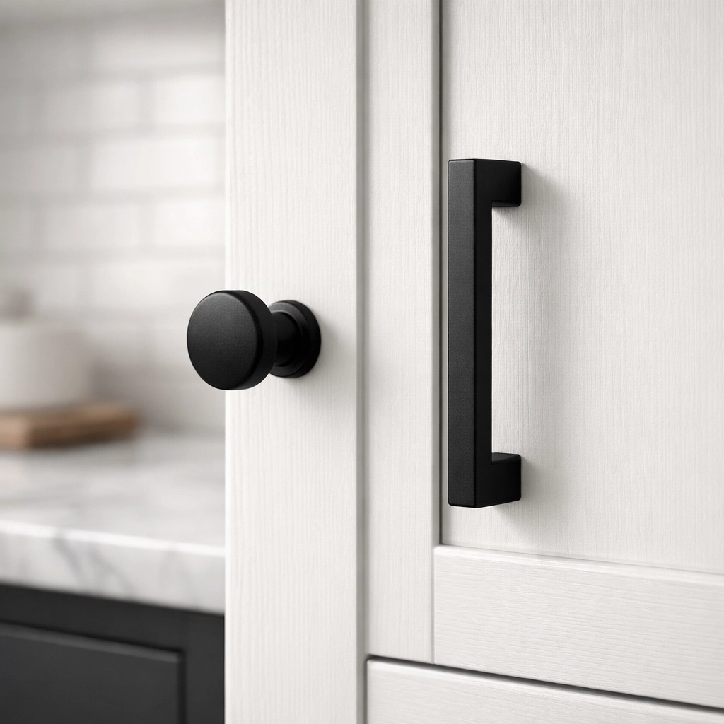 Modern kitchen cabinet featuring matte black hardware and a white shaker door for a high-end no-demo glow up.