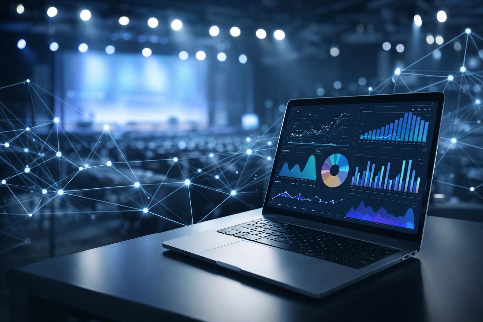 Simon Leung audience connection visual - laptop analytics and network lines (no people)