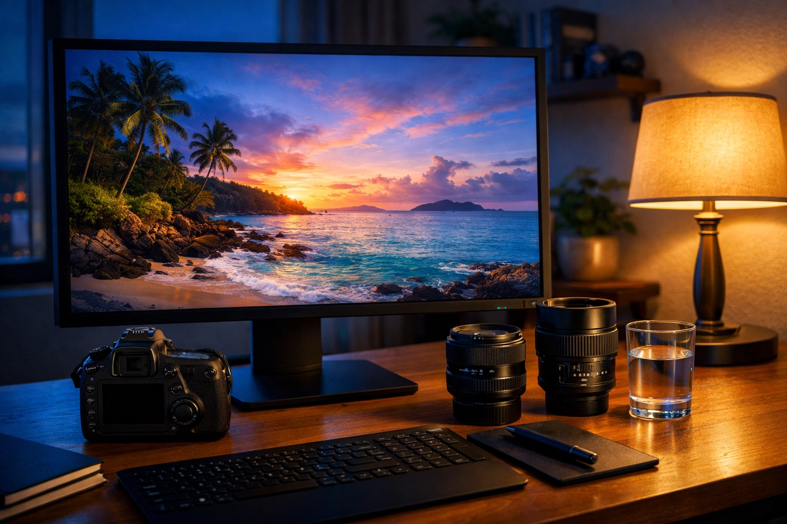 A professional photographer's workspace with high-end gear and a monitor showing a landscape photo.