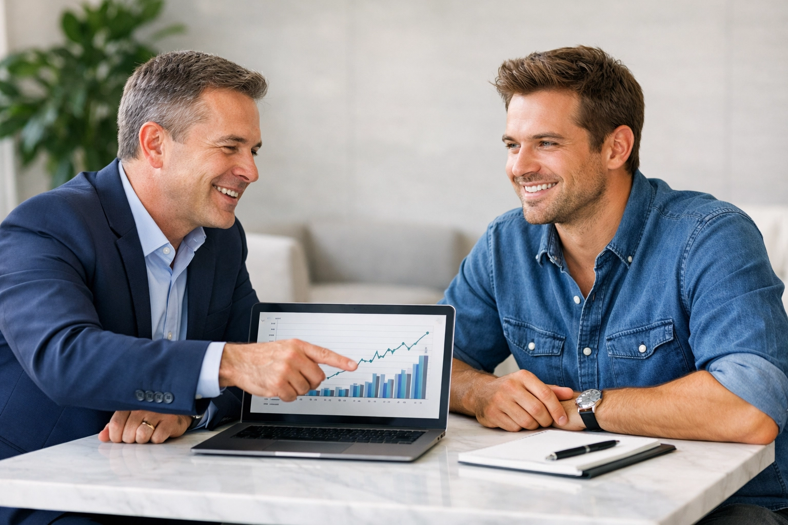 Startup entrepreneur collaborating with a financial advisor for expert outsourced bookkeeping oversight.