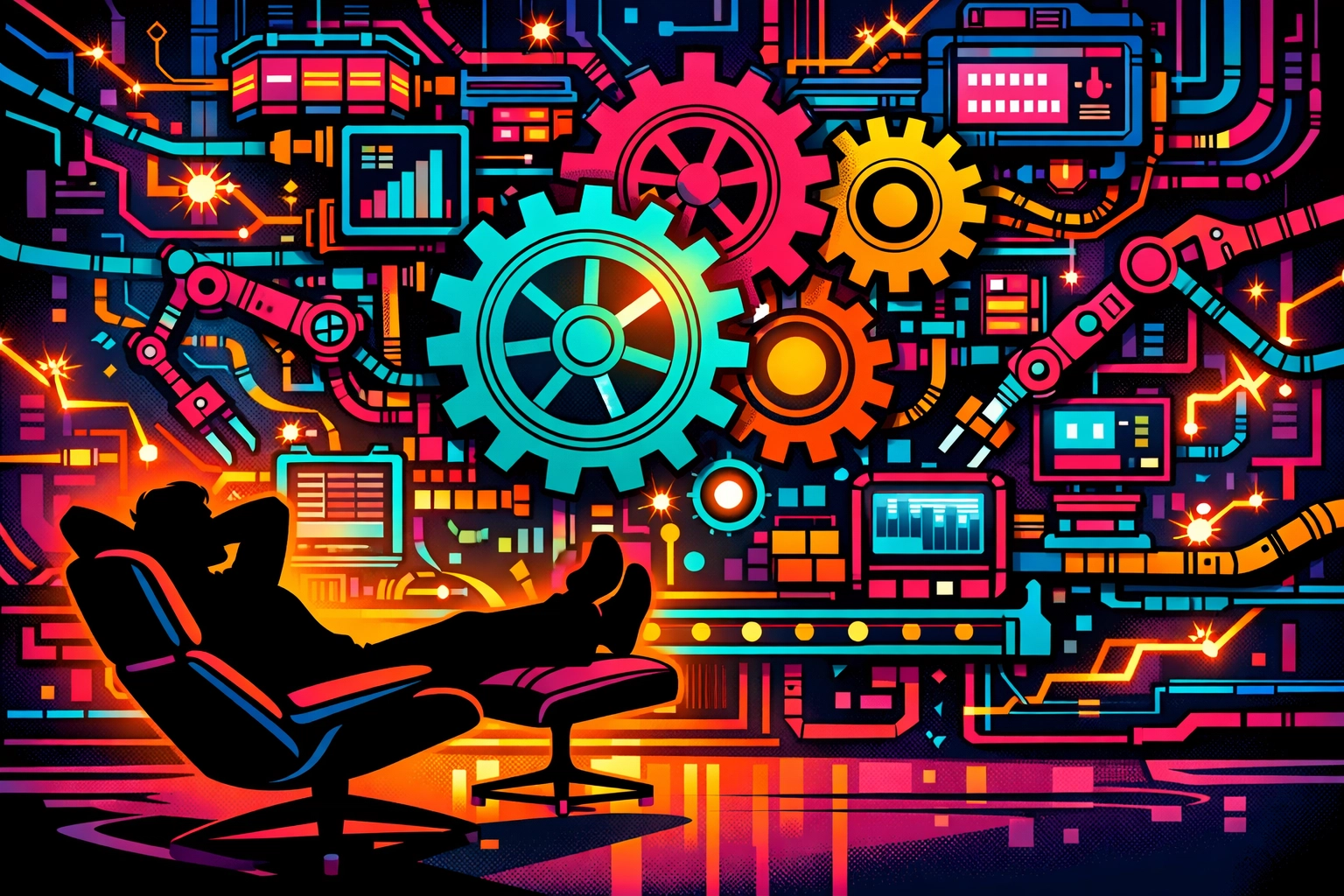 A solopreneur enjoying free time while a business workflow automation system runs efficiently.