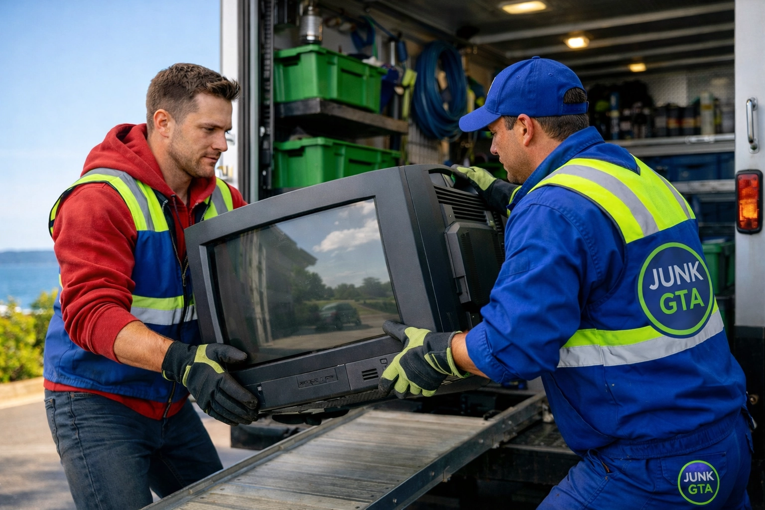 Professional team loading a truck for appliance removal in Innisfil as part of full-service Simcoe County junk removal.