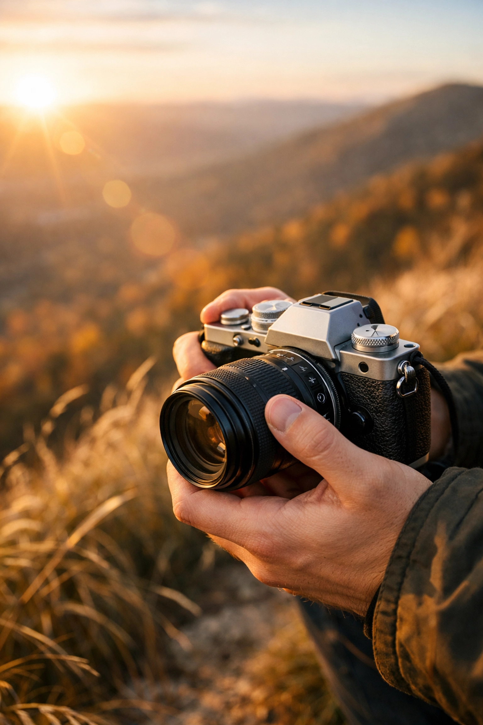 A beginner photographer holding a mirrorless camera on a scenic ridge during golden hour sunset.