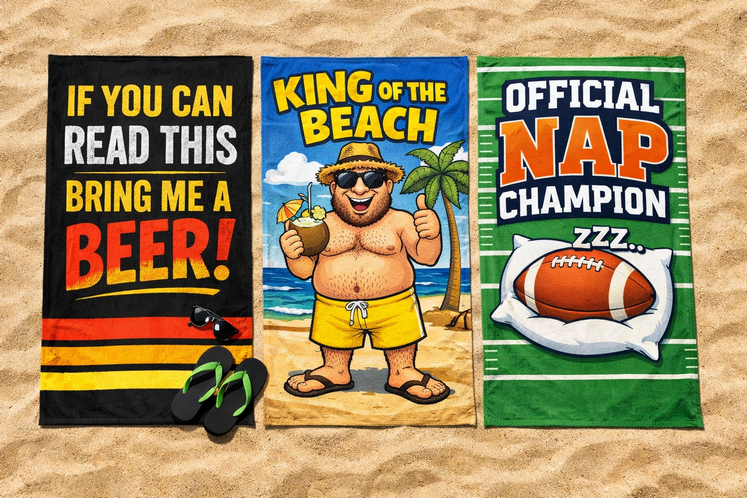 Funny beach towels for men with humorous designs laid out on sand with sunglasses