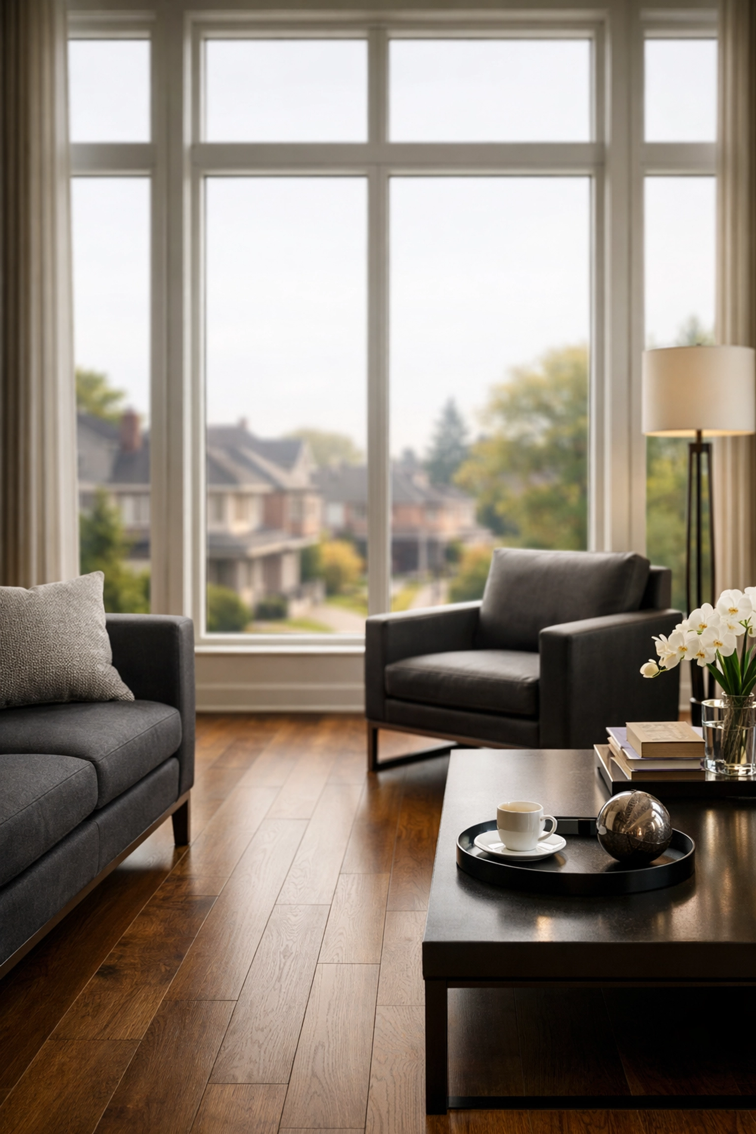 Modern living room in a Richmond Hill home illustrating financial stability for Ontario mortgage holders.