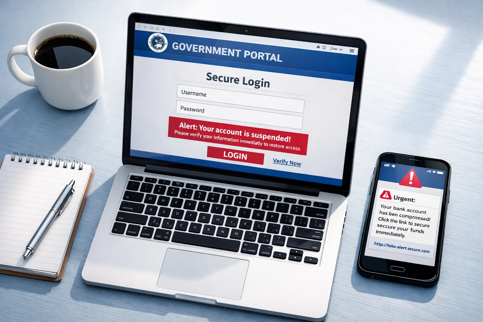 Tax scam phishing website on laptop with fraudulent IRS text message on phone