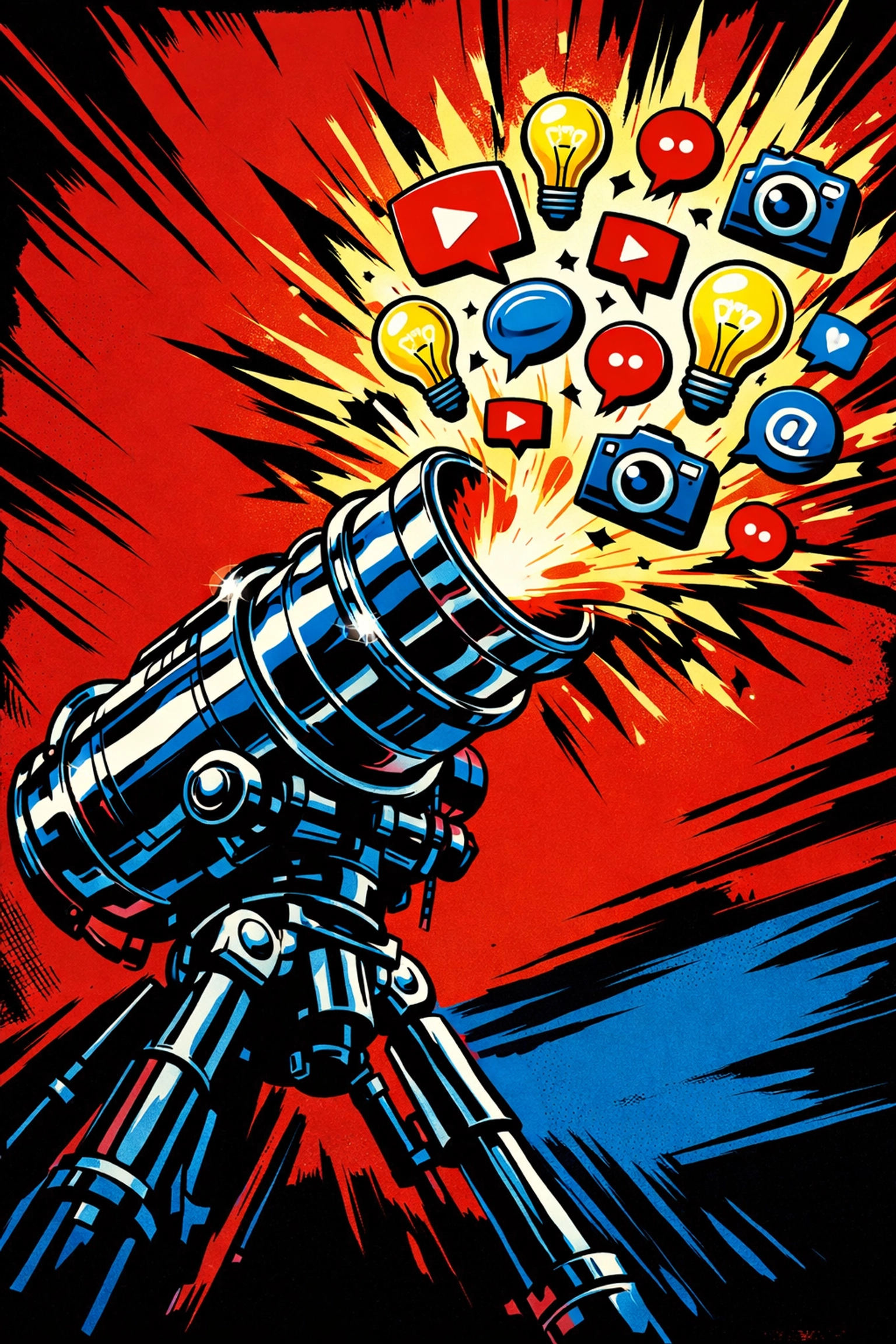 Marketing cannon launching content icons, representing an AI content generator for small business.