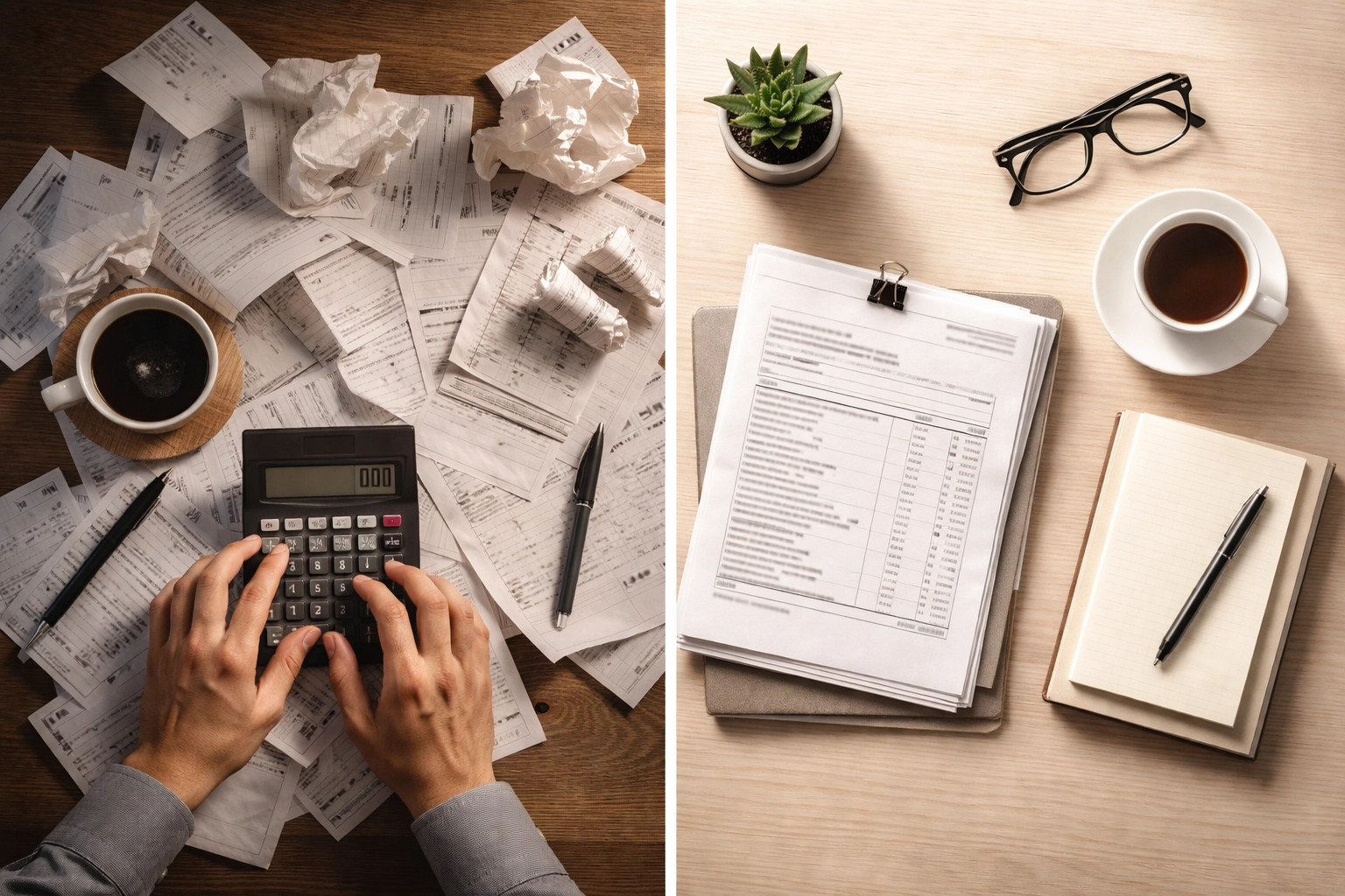 Split image of messy vs organized desk highlights the benefits of outsourcing accounting for business owners