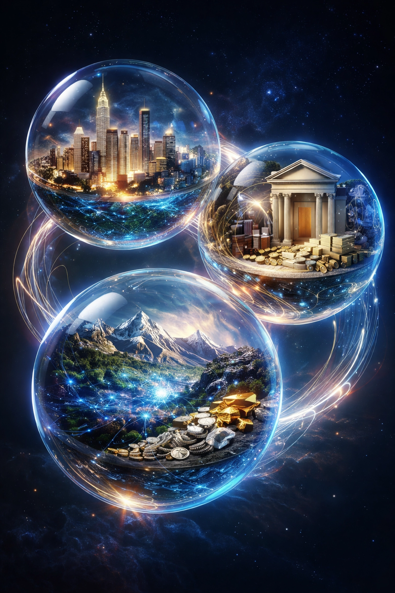 Interconnected spheres representing equities, fixed income, and alternatives, visualizing true diversified portfolio strategies.