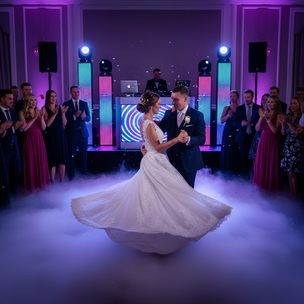Bride and groom dance on a fog-covered floor, surrounded by clapping guests. LED lights and DJ booth in the colorful, elegant setting.