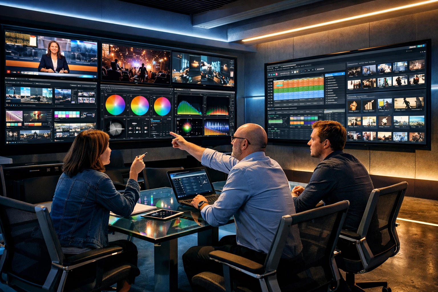 Media production control room with team collaborating on digital asset management workflow automation