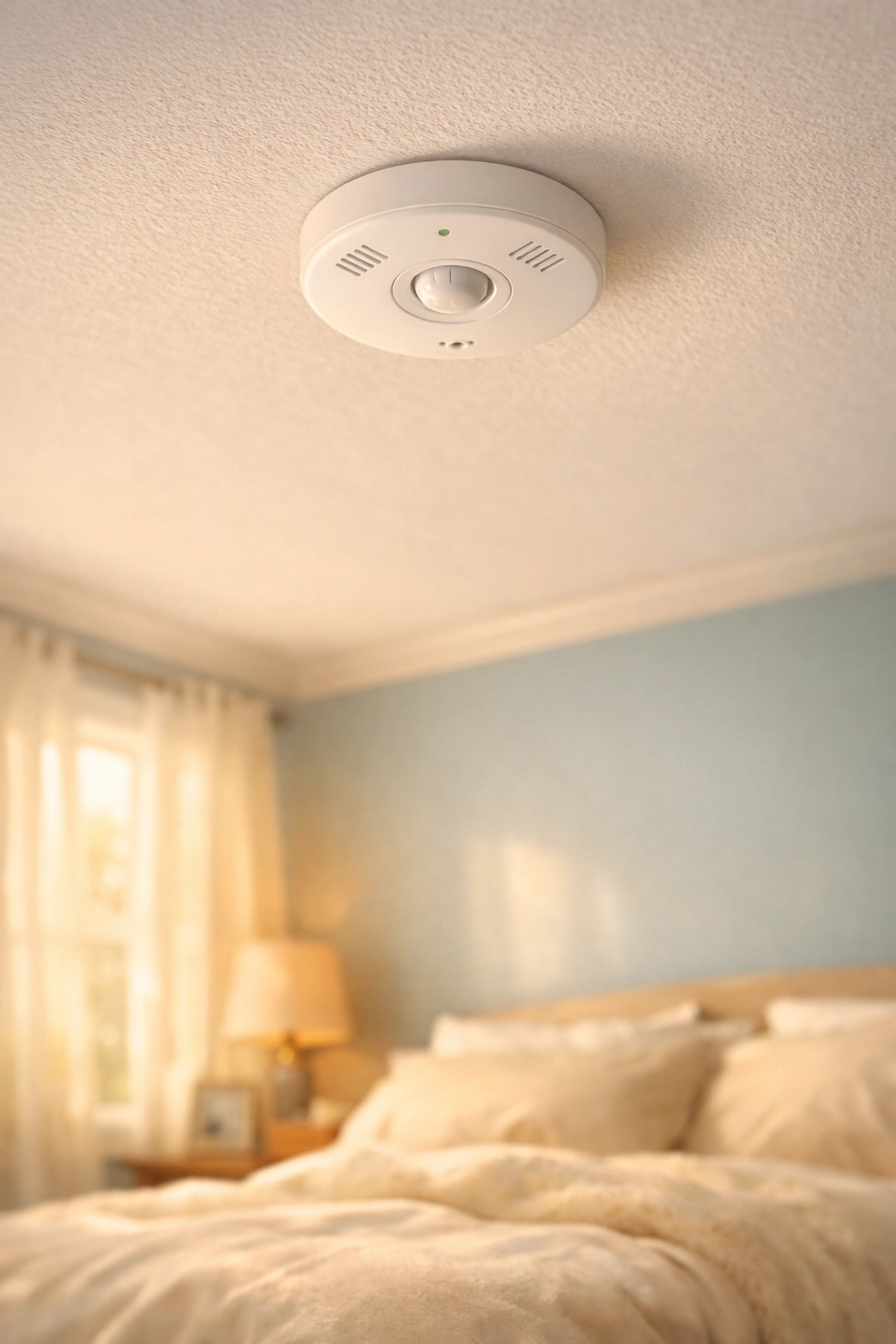 Fall detection sensor mounted on ceiling in senior living bedroom for automatic emergency alerts