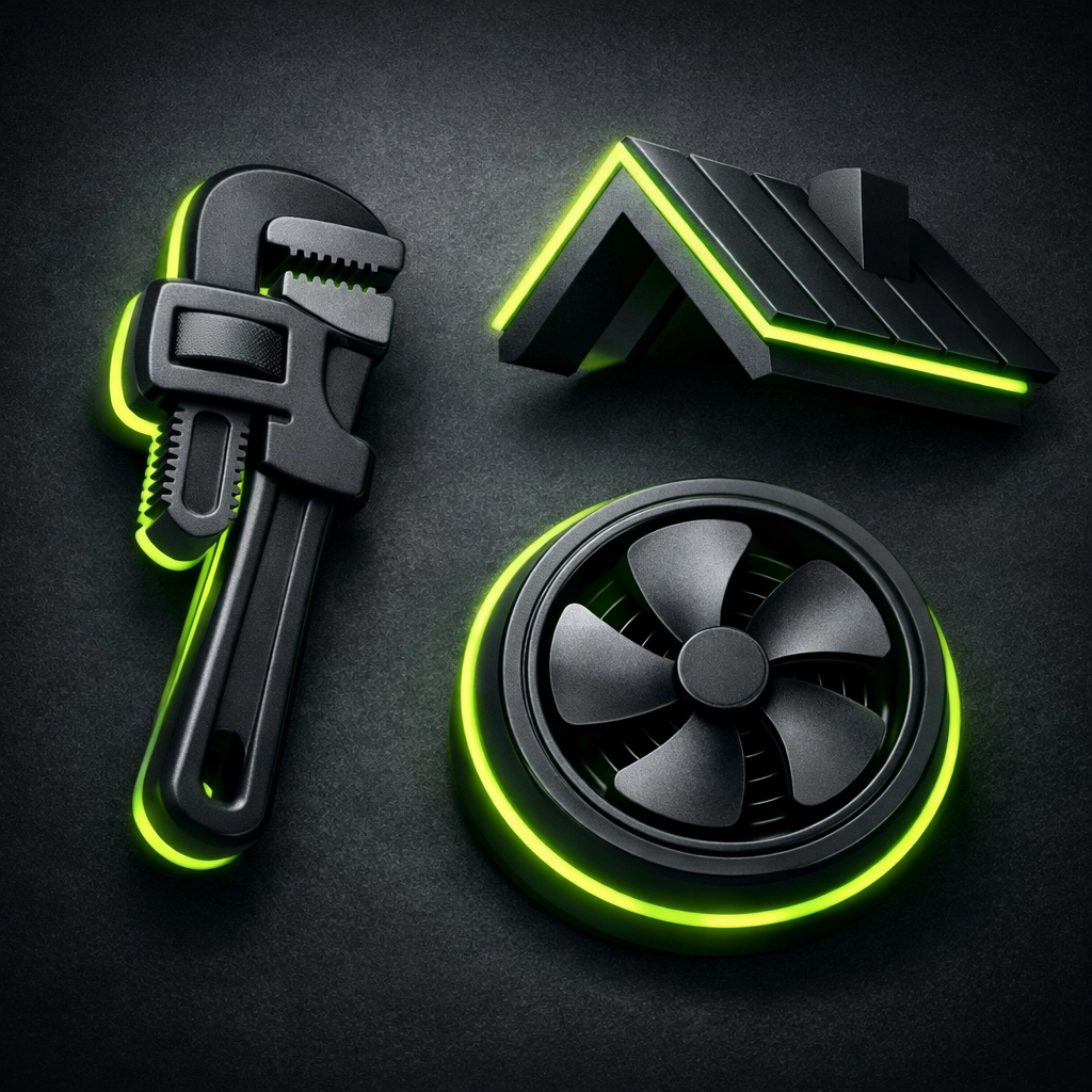 Pipe wrench, roof, and HVAC fan icons representing professional services in the local business directory.