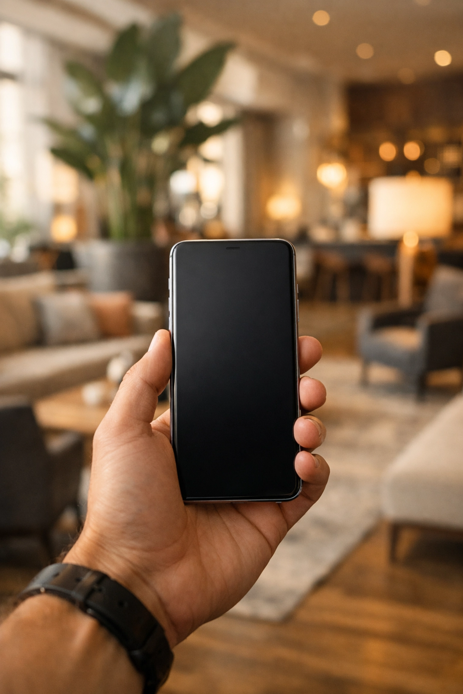 Traveler using a smartphone in a hotel lobby to access cloud-based hospitality guest experiences.