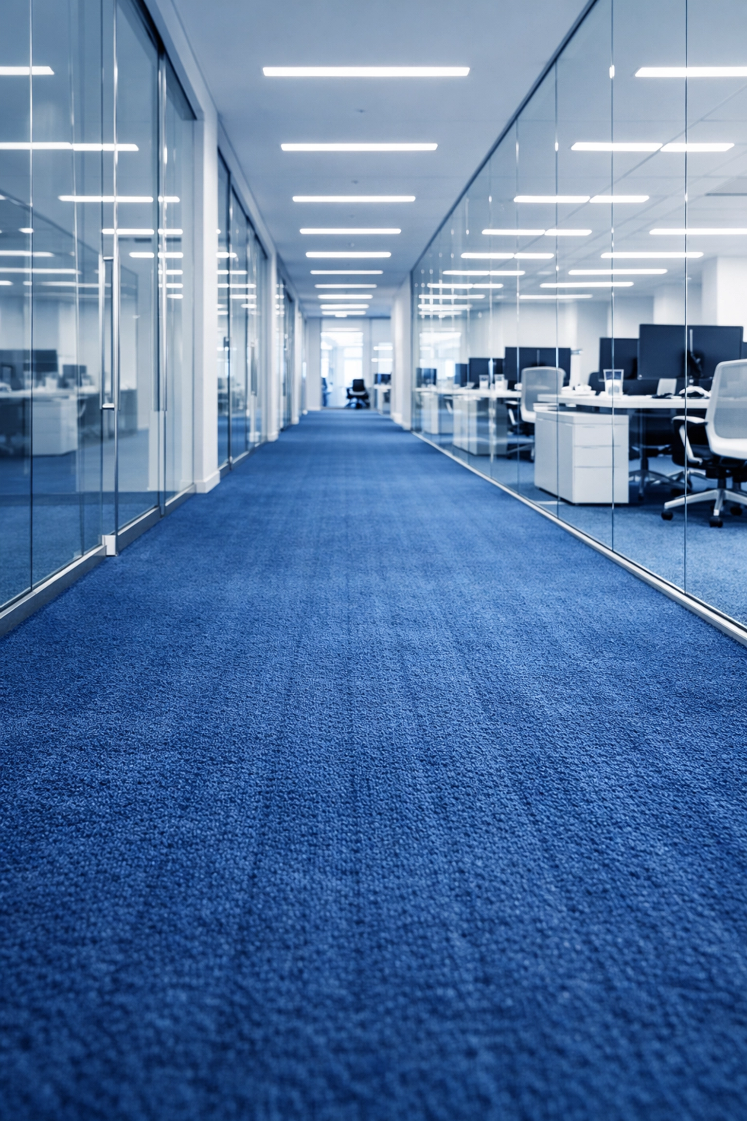 Spotless office corridor and workspace with vacuumed carpets maintained by a commercial cleaning company.