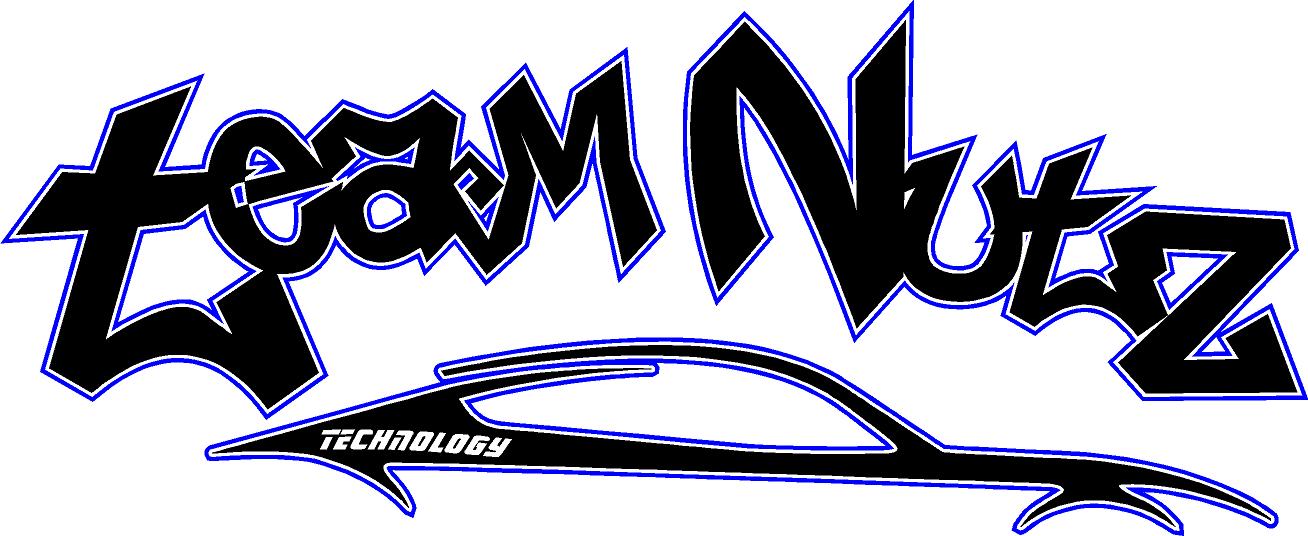 Team Nutz logo Bold, stylized graffiti lettering with an outline of a car underneath and the word 'technology' inside the car, representing automotive customization and technology services.