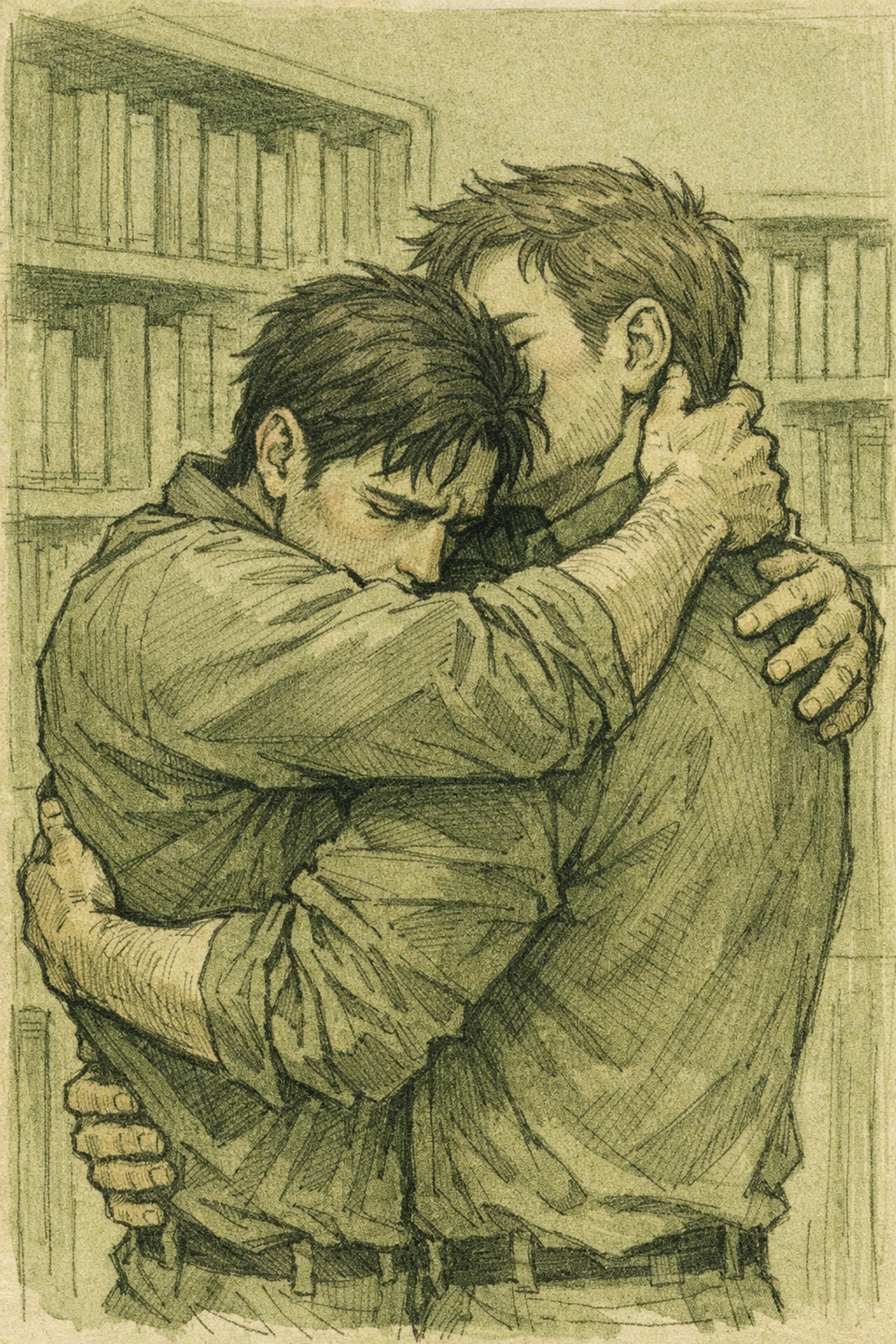 Emotional embrace between two men in a library, reflecting the deep themes of popular gay romance novels.
