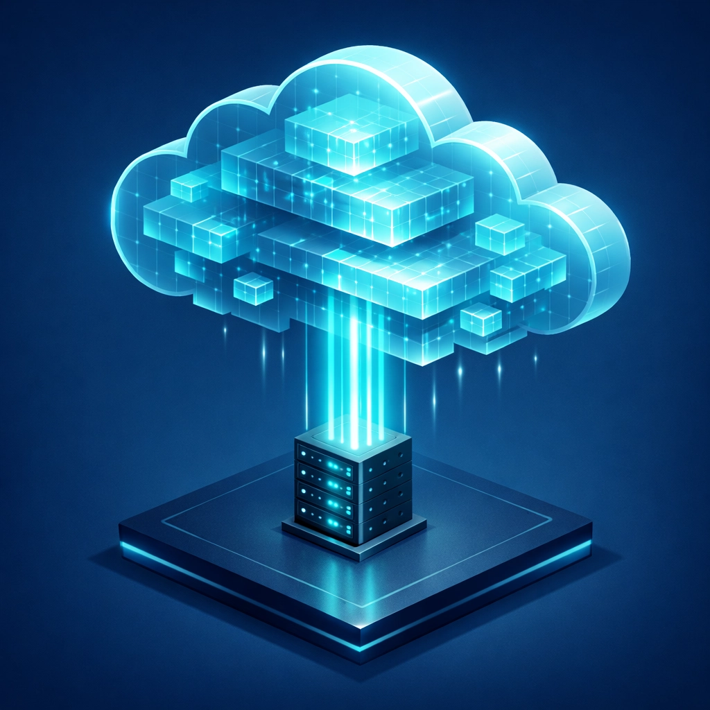 Secure cloud infrastructure showing data syncing from a server to a protected cloud environment.