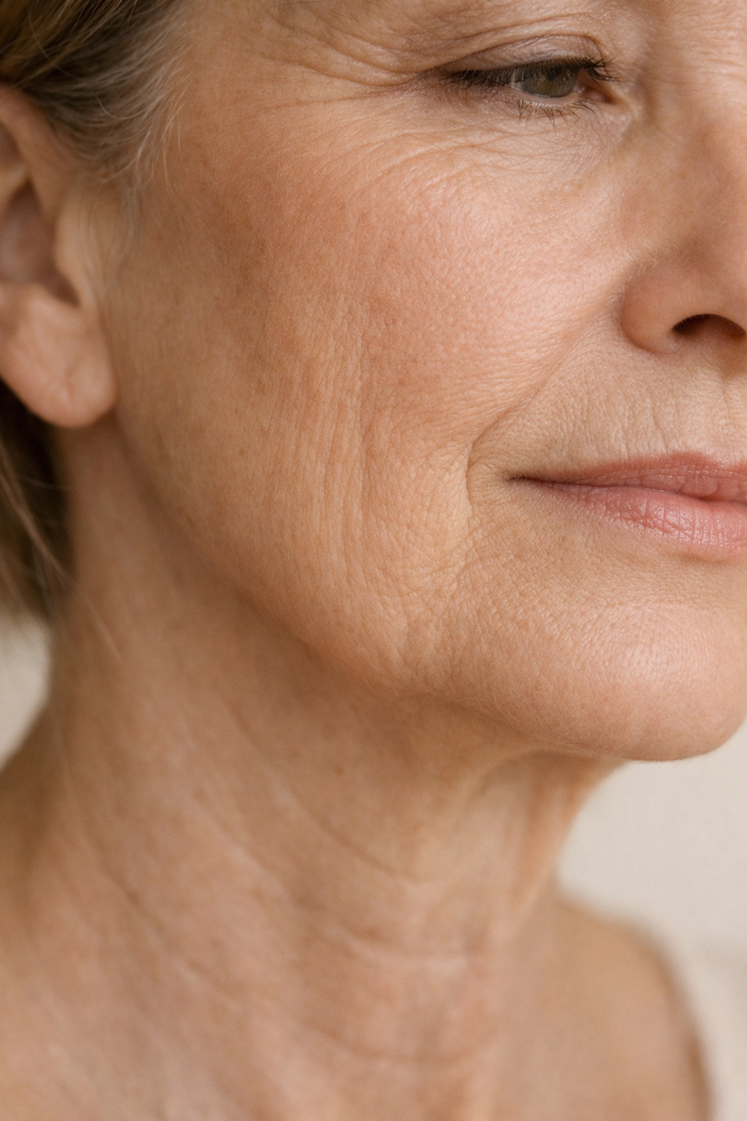 Mature skin showing fine lines and texture changes from menopause collagen loss