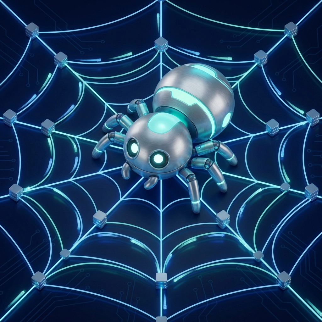 Illustration of a robot spider crawling a glowing web, representing how search engines crawl and index websites for SEO.
