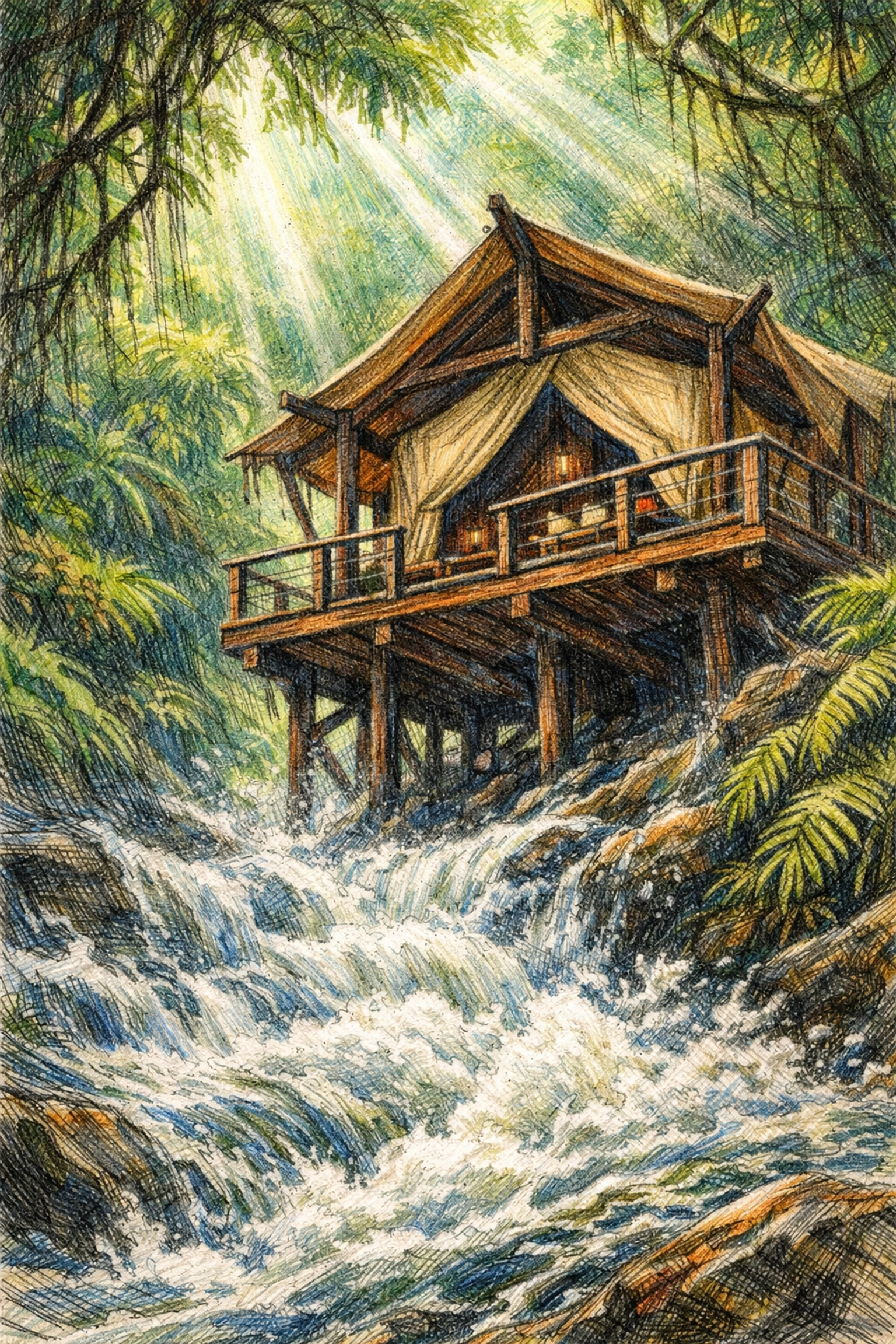 Sustainable luxury tented camp over a jungle river in the Cardamom Mountains.