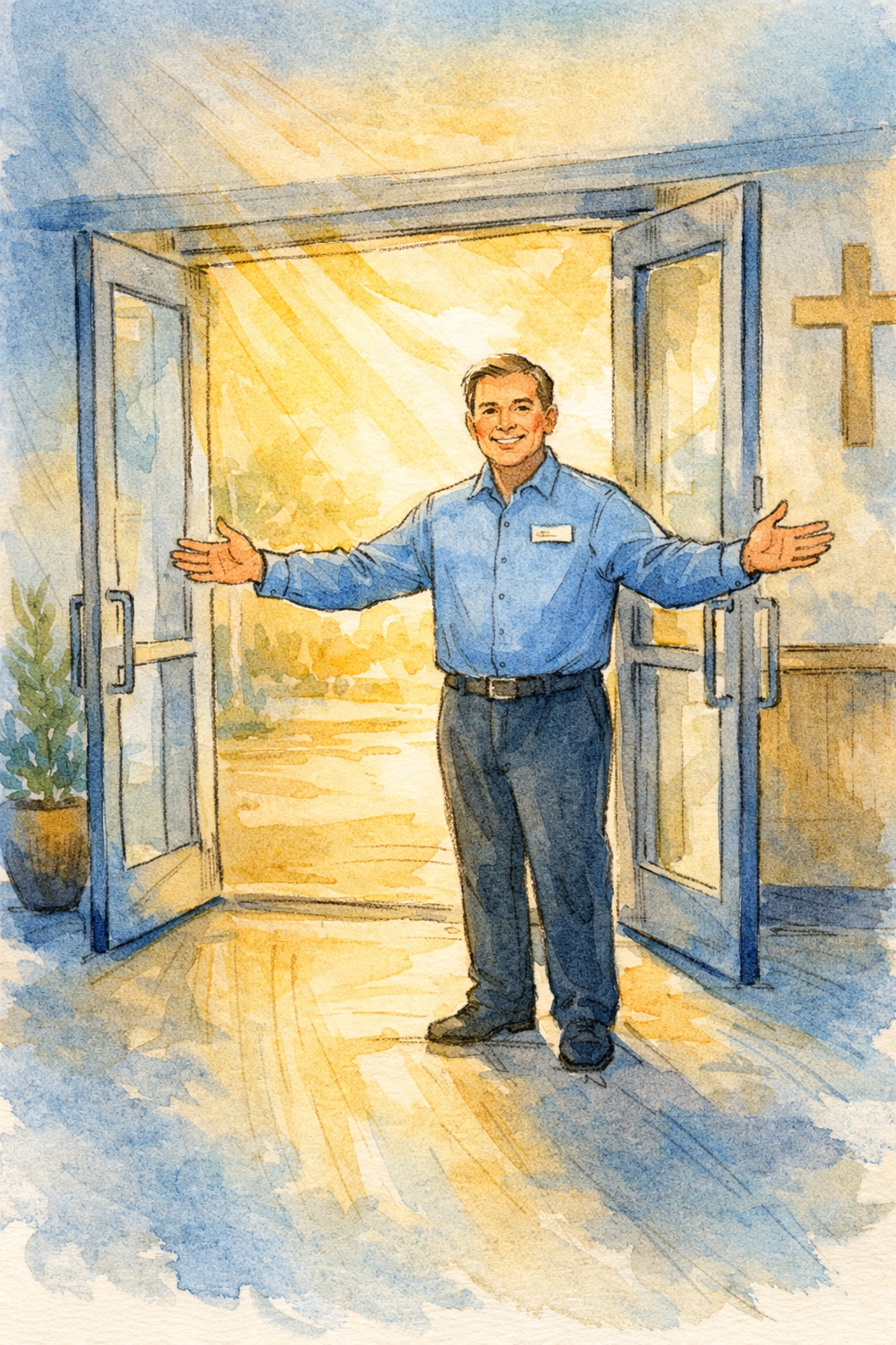 Friendly church greeter welcoming guests at entrance creating emotional safety