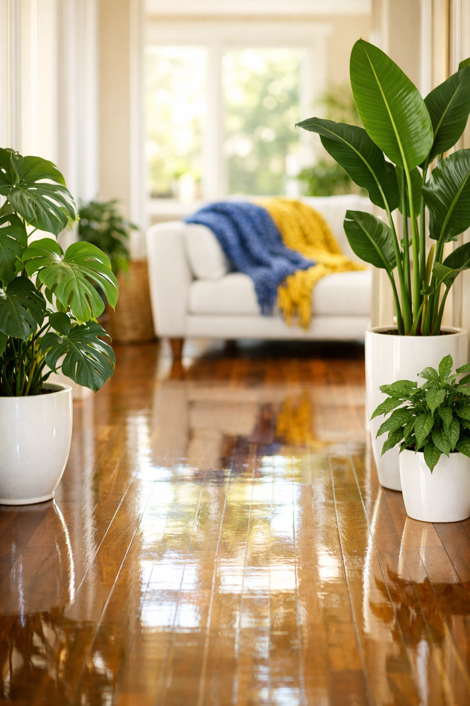 Healthy home sanctuary featuring polished floors and green plants after a green clean.