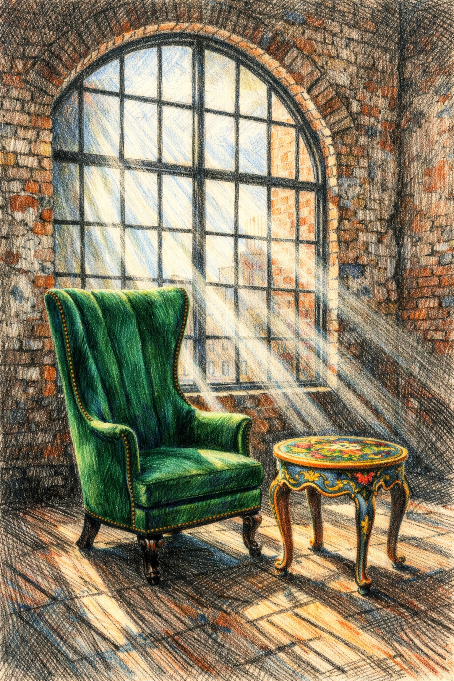 Sustainable hotel architecture featuring a luxury velvet chair in a repurposed industrial warehouse space.