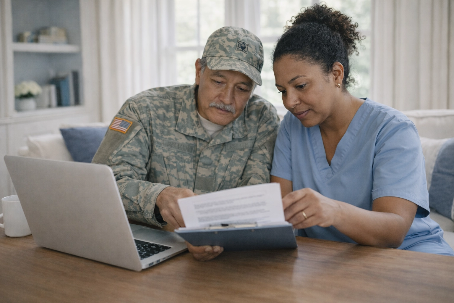 Veteran couple researching VA Aid & Attendance benefits for home care services