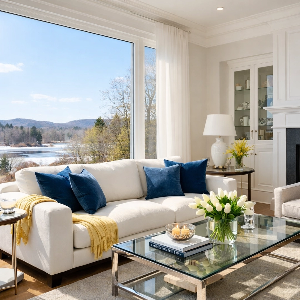 Professional house cleaning services MA refreshing a luxury living room in a bright Massachusetts home.