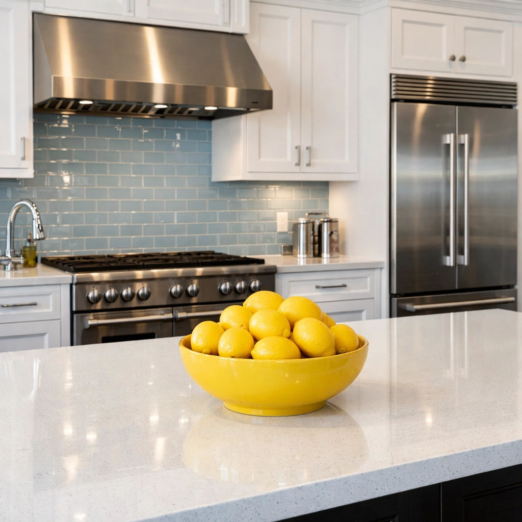 Sparkling gourmet kitchen island and sanitized surfaces from professional cleaning in Ayer, MA.