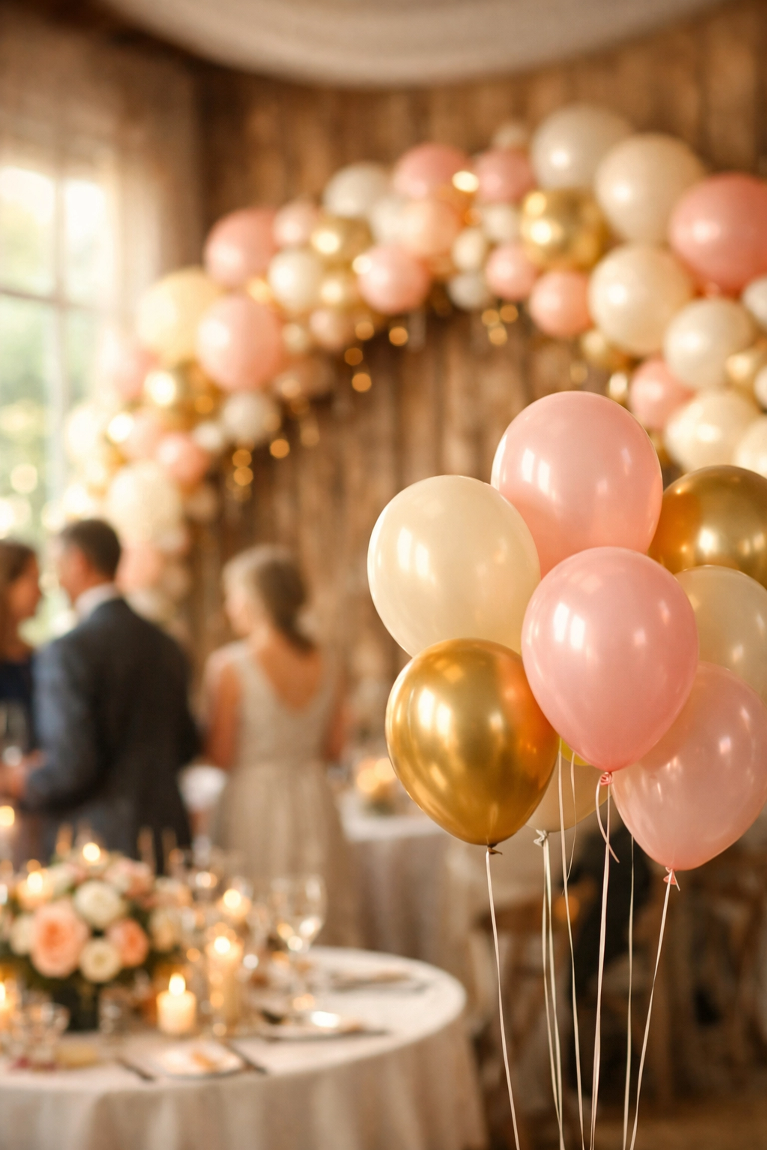 Elegant helium balloon arch in pink and gold at wedding reception with floating balloons
