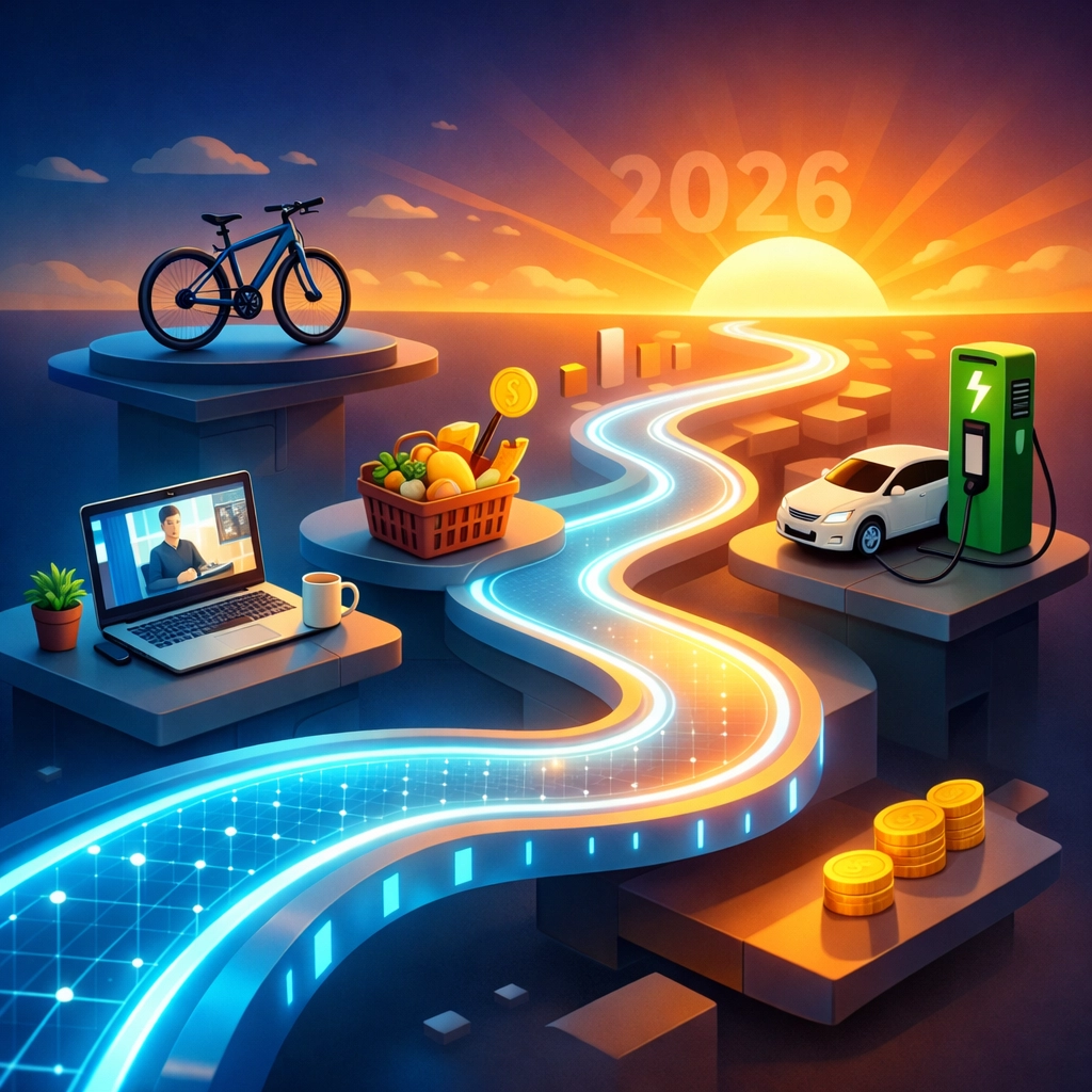 Digital path showing flexible spending for remote work and electric vehicle costs in 2026.