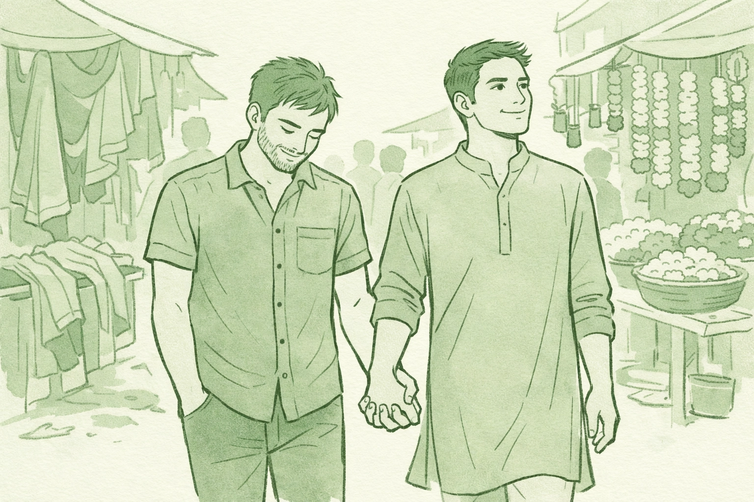 Gay couple holding hands in public Indian street market showing courage and openness