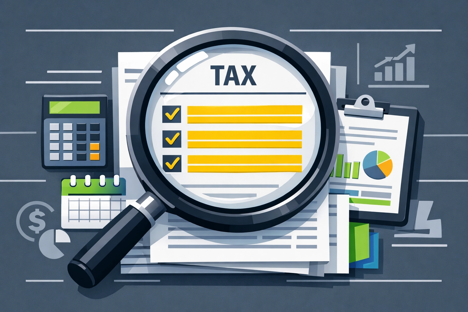 A magnifying glass inspecting tax documents to ensure accuracy and help maximize tax refunds for hospitality staff.