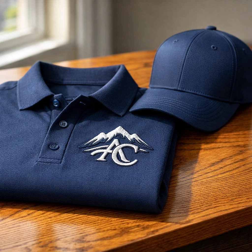 Custom embroidered polo shirt and matching hat for professional Dallas business uniforms.
