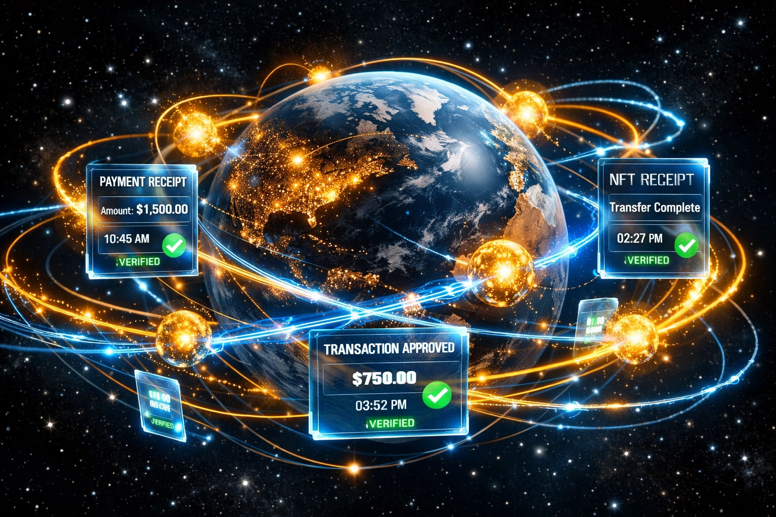Global crypto payment network connecting countries with instant settlement and NFT receipts for Web3 transactions