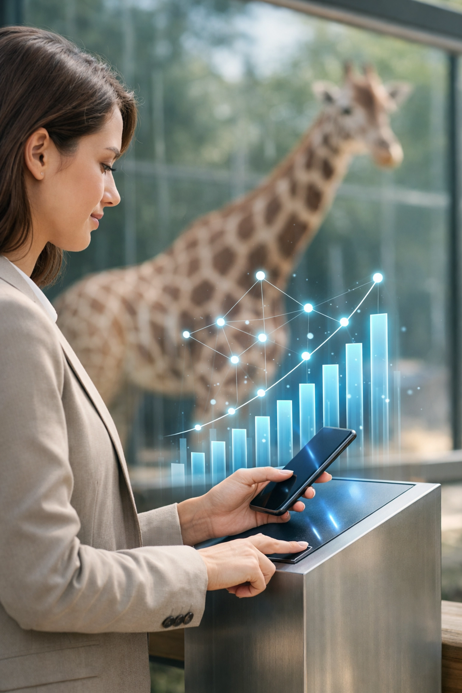 Visitor engaging with a digital touchpoint at a zoo habitat for real-time marketing data capture.