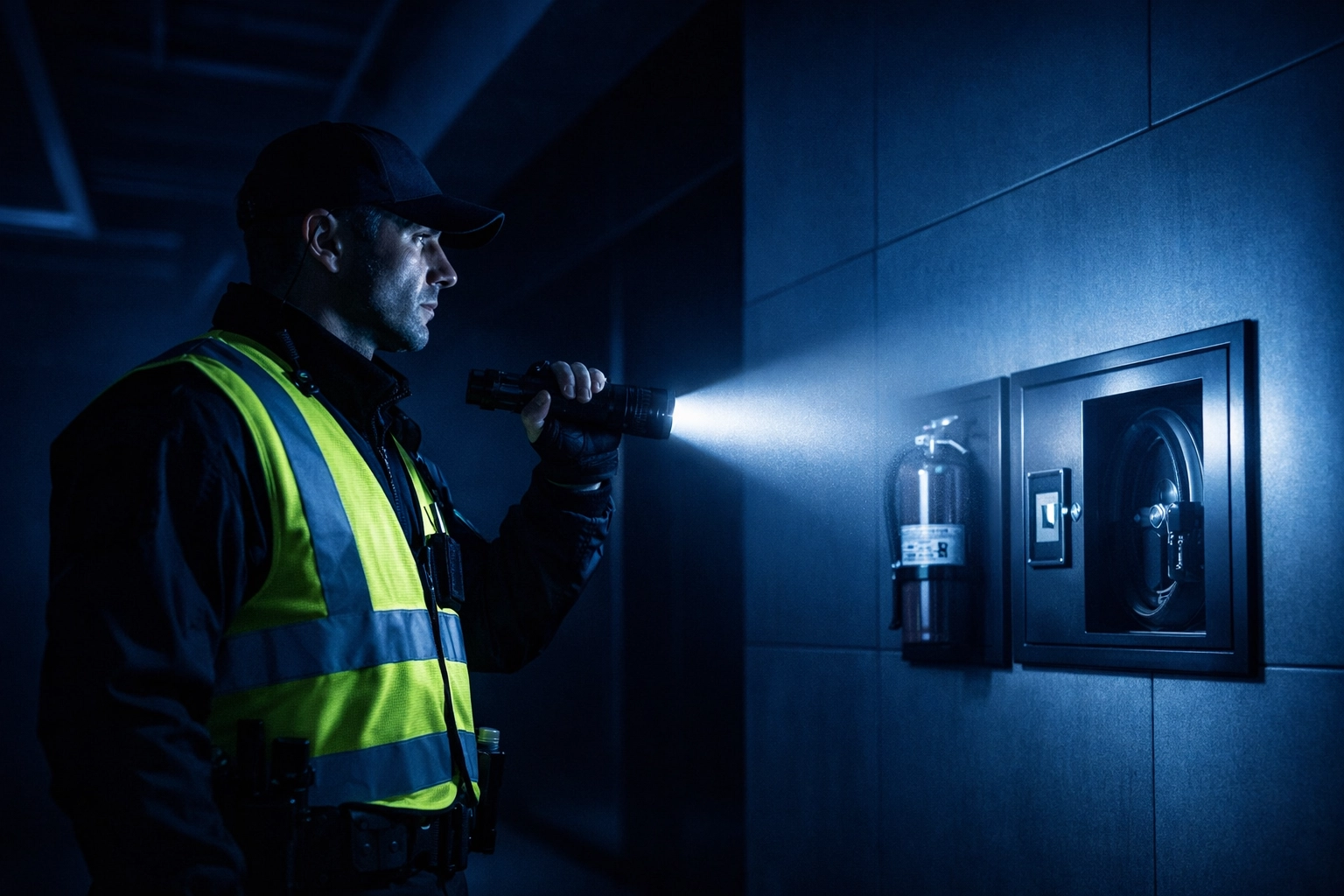 Professional security officer performing firewatch patrol in a commercial building to reduce business liability.