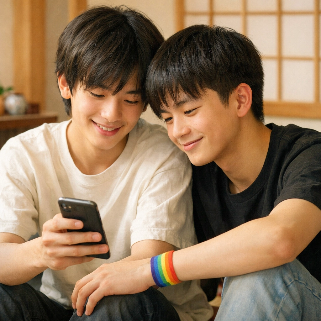 Two gay Japanese teens sharing a moment in traditional Kyoto home with modern acceptance