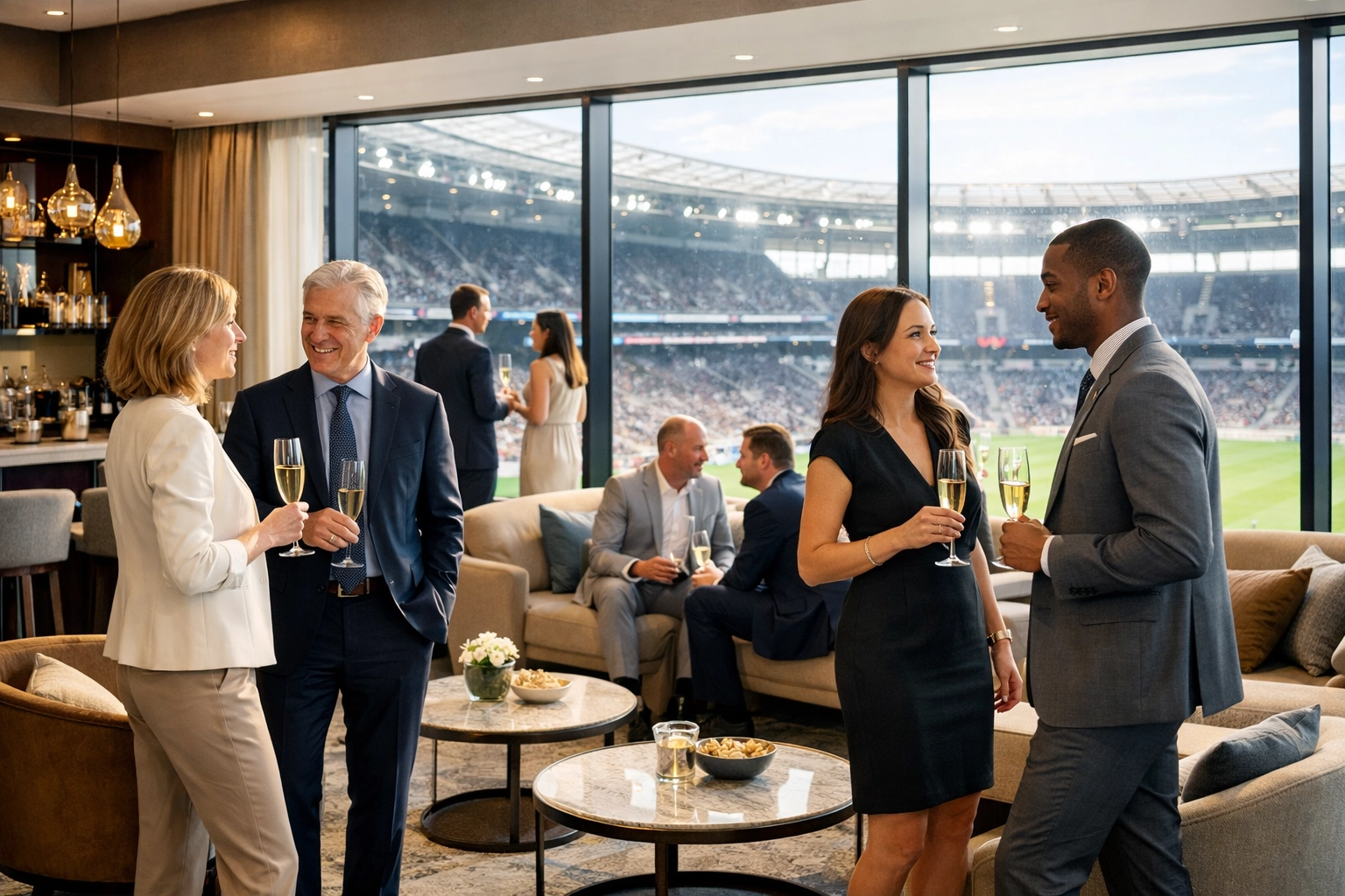 NEWSLETTER: Your 48-Hour Playbook for Flawless Super Bowl Executive Comfort, Transportation, Security, and Networking Combined VIP hospitality suite with executives networking during Super Bowl event