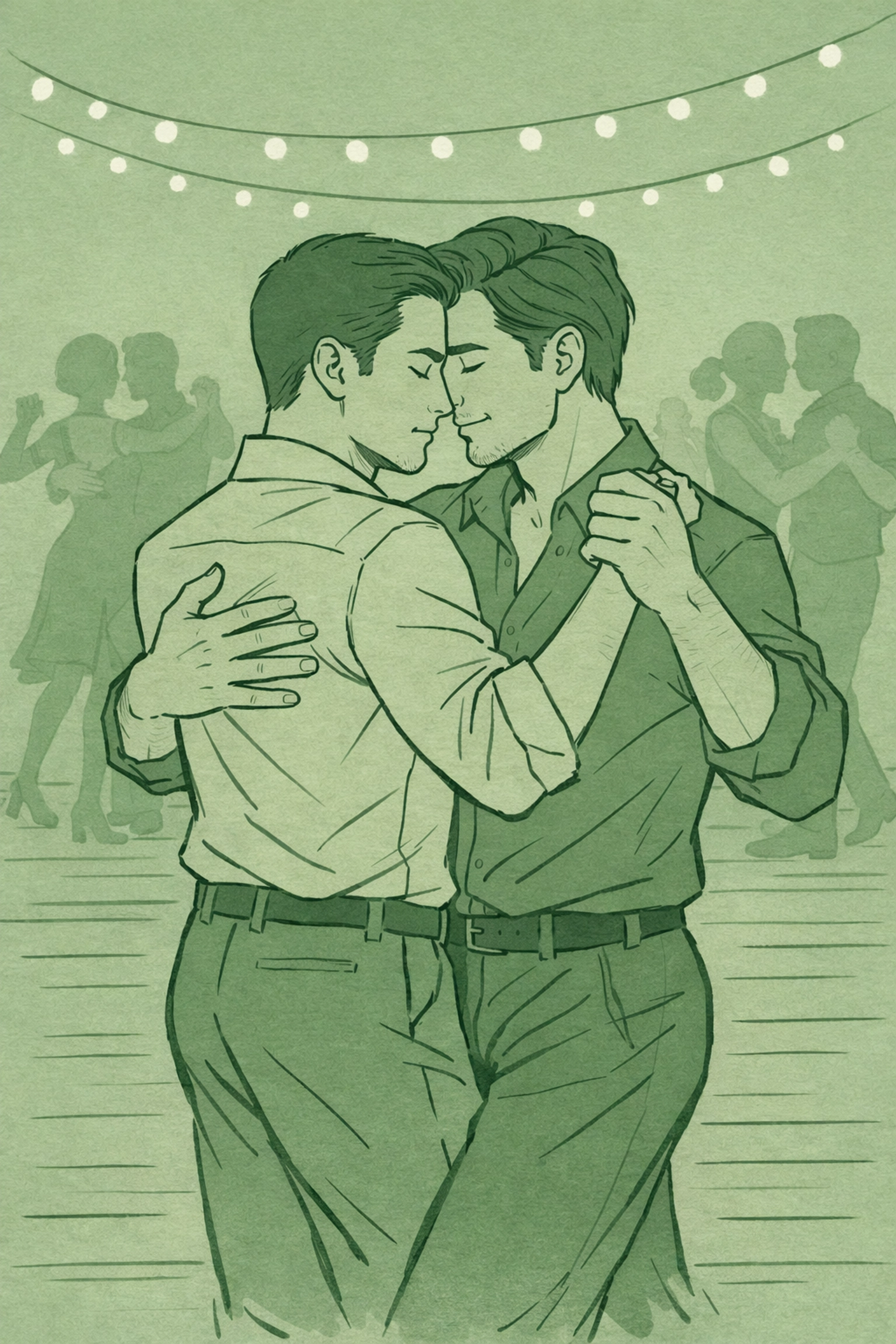 Male couple dancing tango in traditional Buenos Aires milonga dance hall