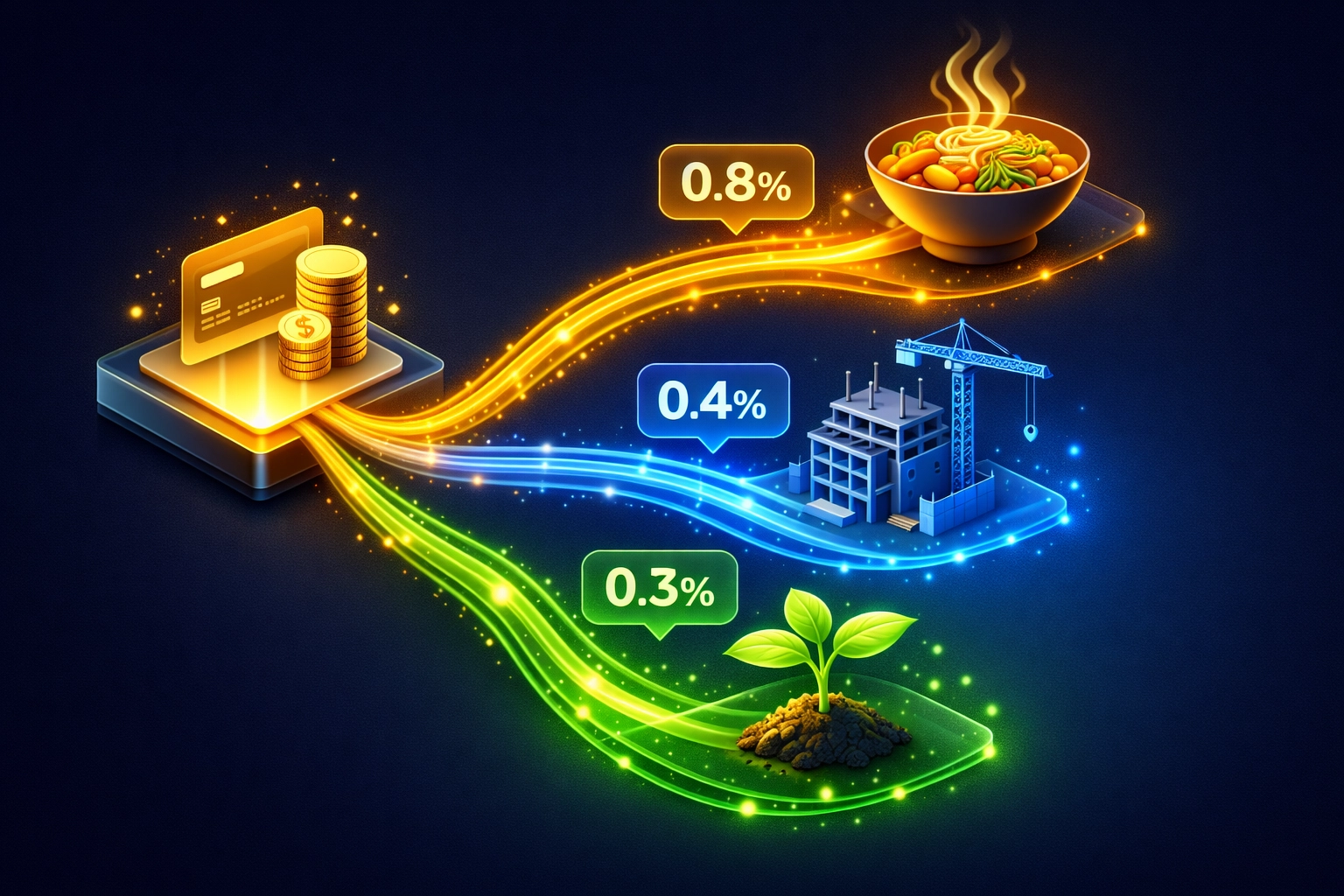 Larecoin 1.5% transaction fee allocation split: 0.8% hunger relief, 0.4% infrastructure, 0.3% grants