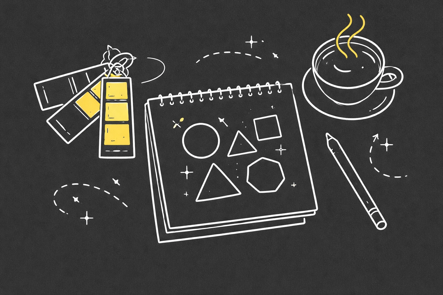 Line art of a creative designer's desk with color swatches and sketchpad, representing modern branding refresh ideas.