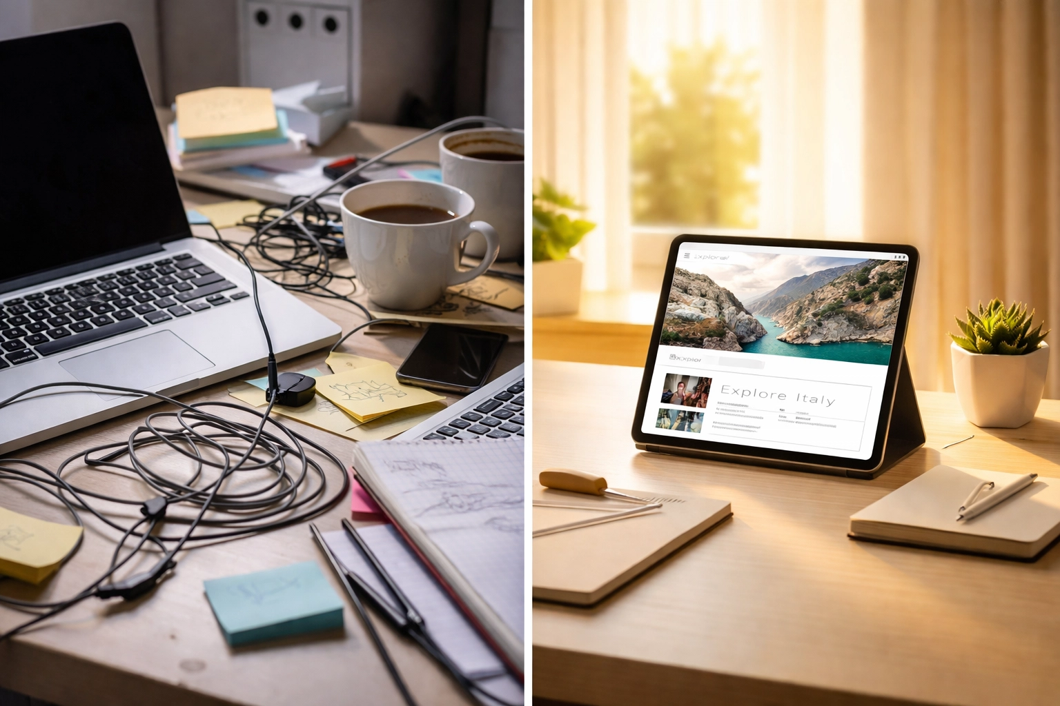 Split-screen showing a cluttered DIY workspace versus a calm managed services workspace, highlighting tech stress differences