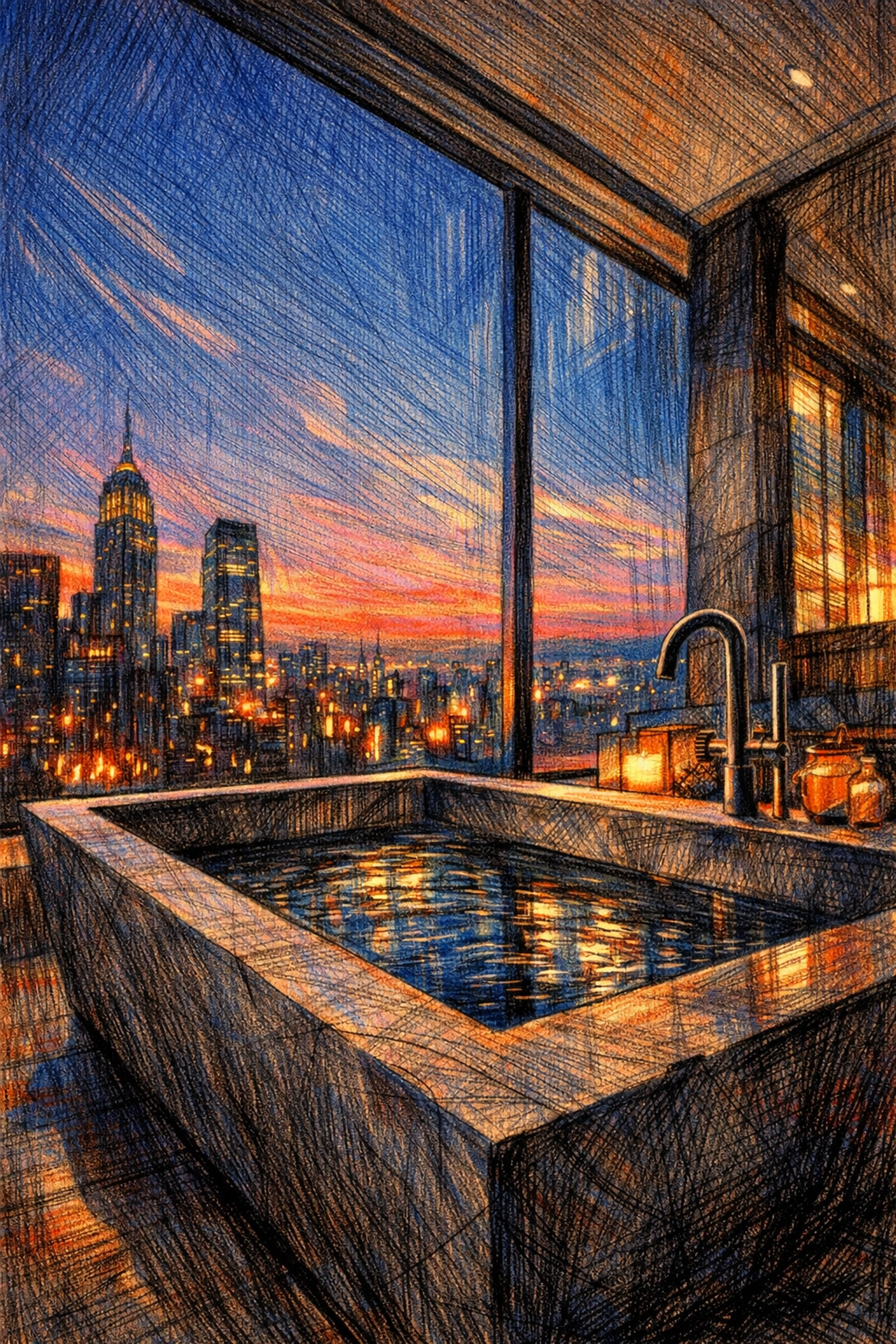 Modern luxury hotel bathroom with a stone soaking tub overlooking a city skyline at dusk.