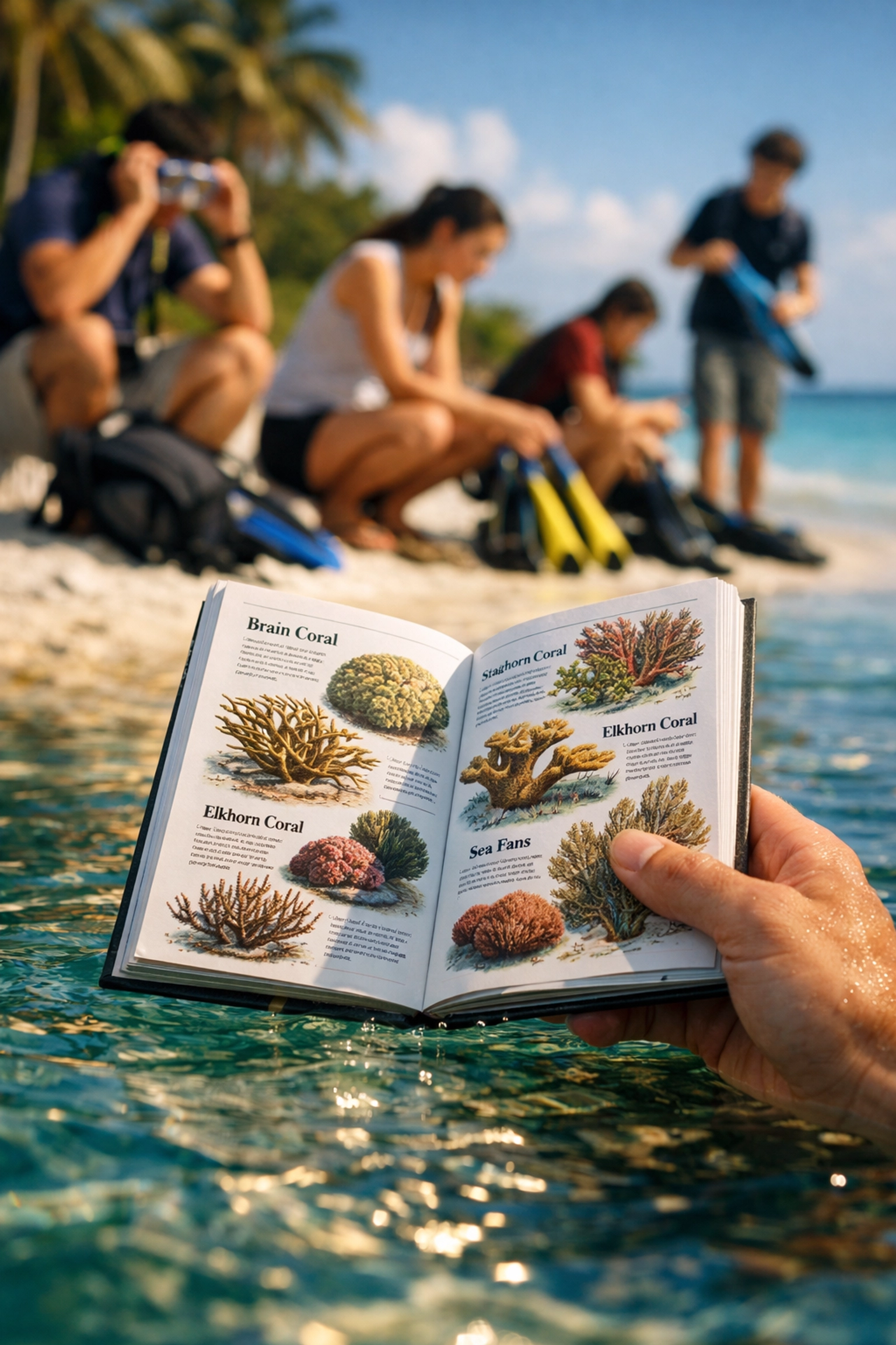 A student holds a marine biology field guide during a Florida Keys coral reef research expedition.