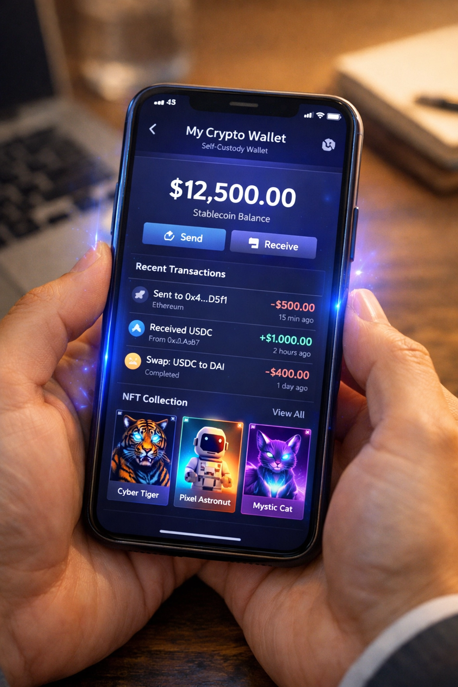 Self-custody crypto wallet dashboard showing stablecoin balance and NFT receipt transactions