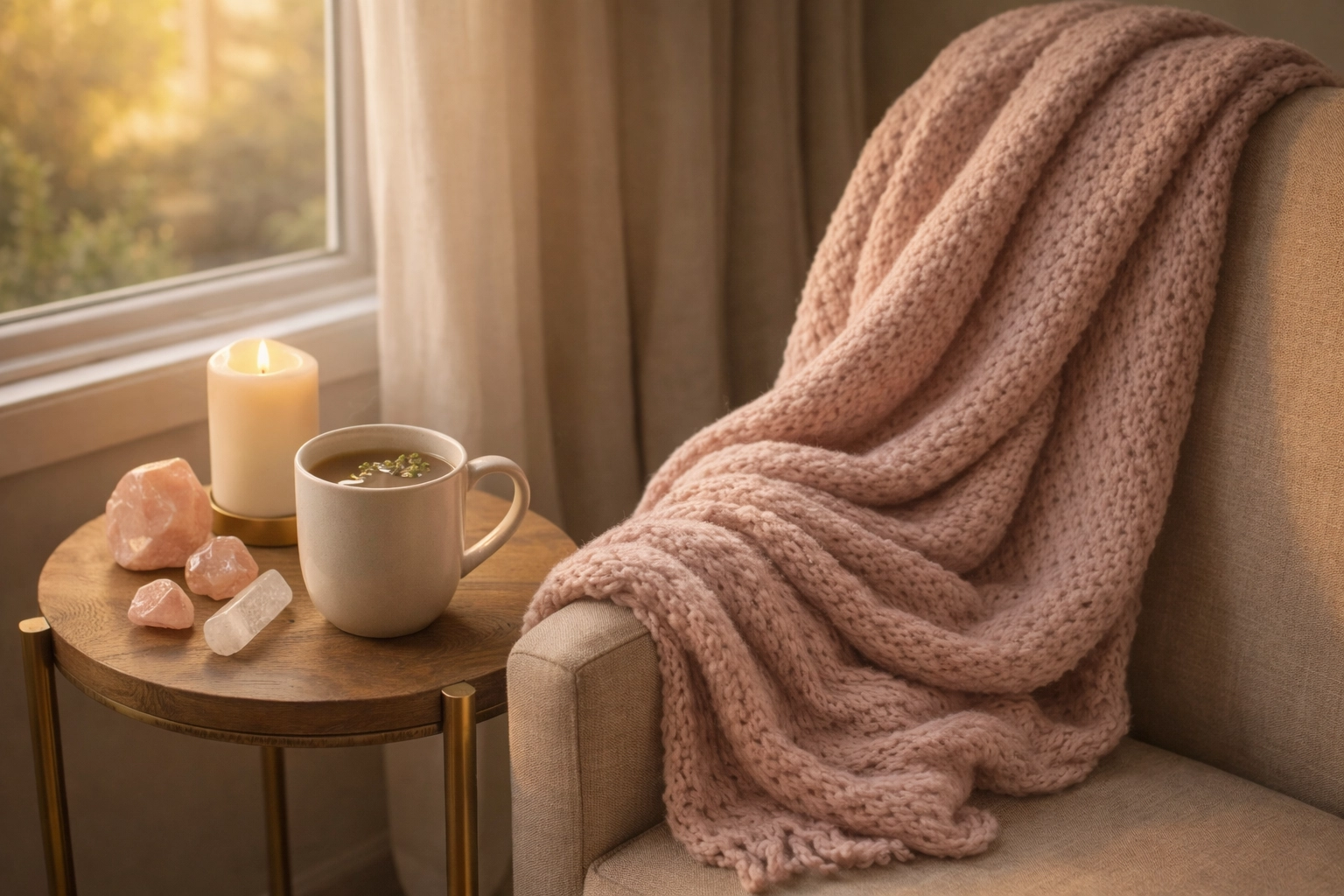 Cozy pink and gold vignette with a soft throw, tea, candle, and crystals reflecting nervous system regulation and feeling safe in your own skin.