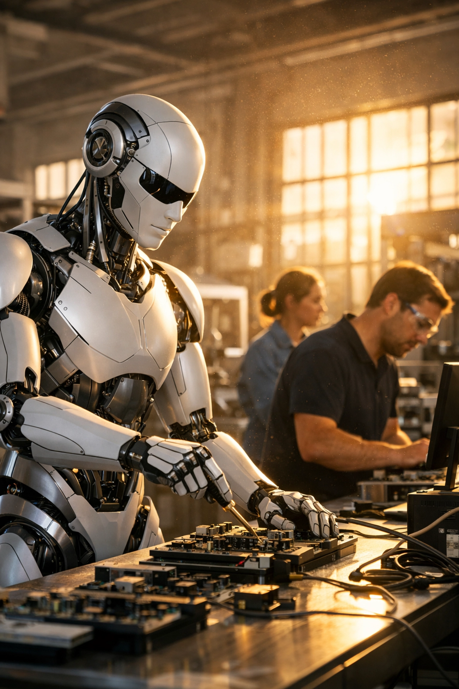 A humanoid robot working with technicians in a factory, showcasing advanced robotics startups in USA.